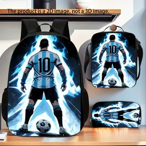 3Pcs Messi Argentina No.10 Lightning Flame Soccer Backpack Set 2D Flat Print Kids School Bag Lunch Bag Pencil Case Combo 600D Oxford Lightweight Padded Straps Multi Pocket Travel Daypack For Football Fans
