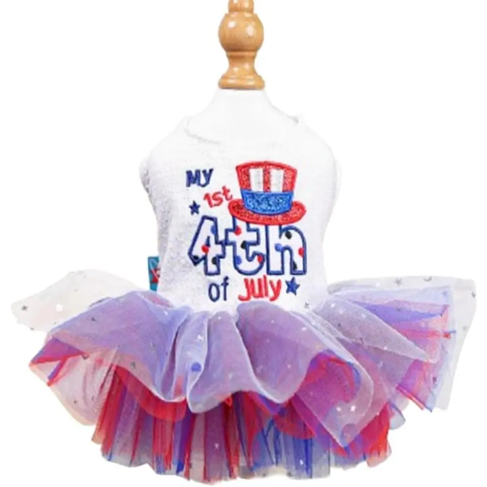 4th of July Dog Dress for Small Dogs Independence Day Girl Puppy Dresses with Stars Patriotic Cat Outfit Tulle Skirt Holiday National Day Pet Clothes (4th of July, Large)