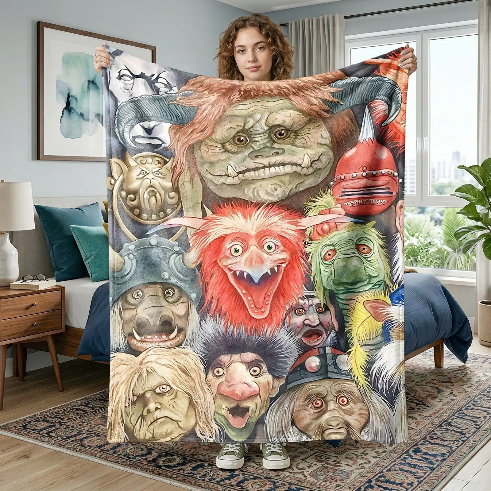 1pc Labyrinth Vintage Monster Collage Fleece Blanket, Dark Hand Drawn Fantasy Troll Goblin Portrait Oil Painting Print, Soft Warm Nap Throw For Sofa Bed Office Camping Trip, Ideal Halloween Gift