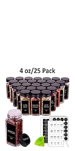 25 Spice Jars with 547 Labels- Glass Spice Jars with Black Metal Caps, 4oz Empty Spice Containers with Shaker Lids, Funnel, Chalk Pen, Square Seasoning Bottles for Spice Rack, Drawer, Cabinet 25 Spice Jars with 547 Labels- Glass Spice Jars with Black Metal Caps, 4oz Empty Spice Containers with Shaker Lids, Funnel, Chalk Pen, Square Seasoning Bottles for Spice Rack, Drawer, Cabinet