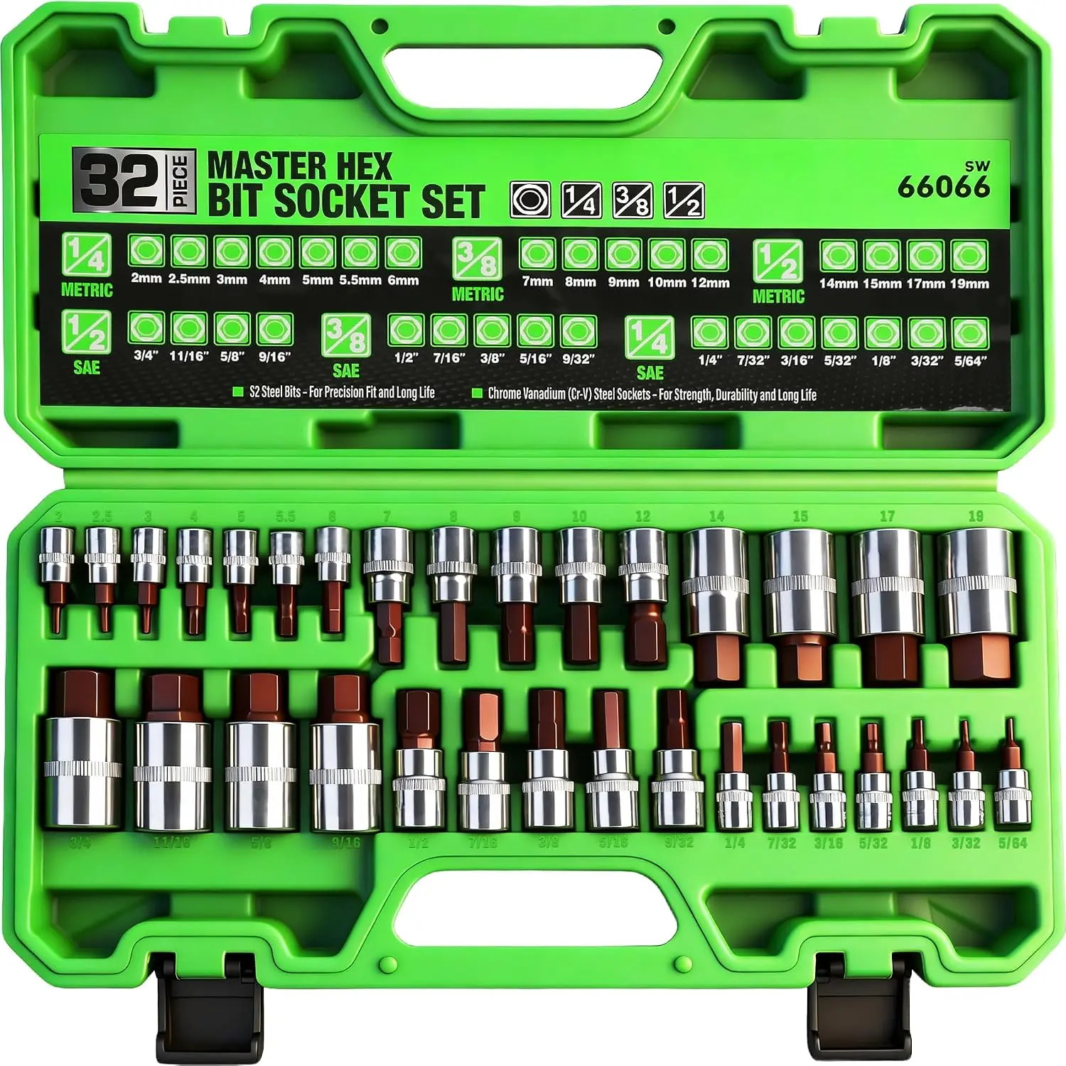 32 count Hex Bit Socket Set,SAE and Metric, 1/4'', 3/8', 1/2'' Drive Socket Set, S2 & Cr-V Steel