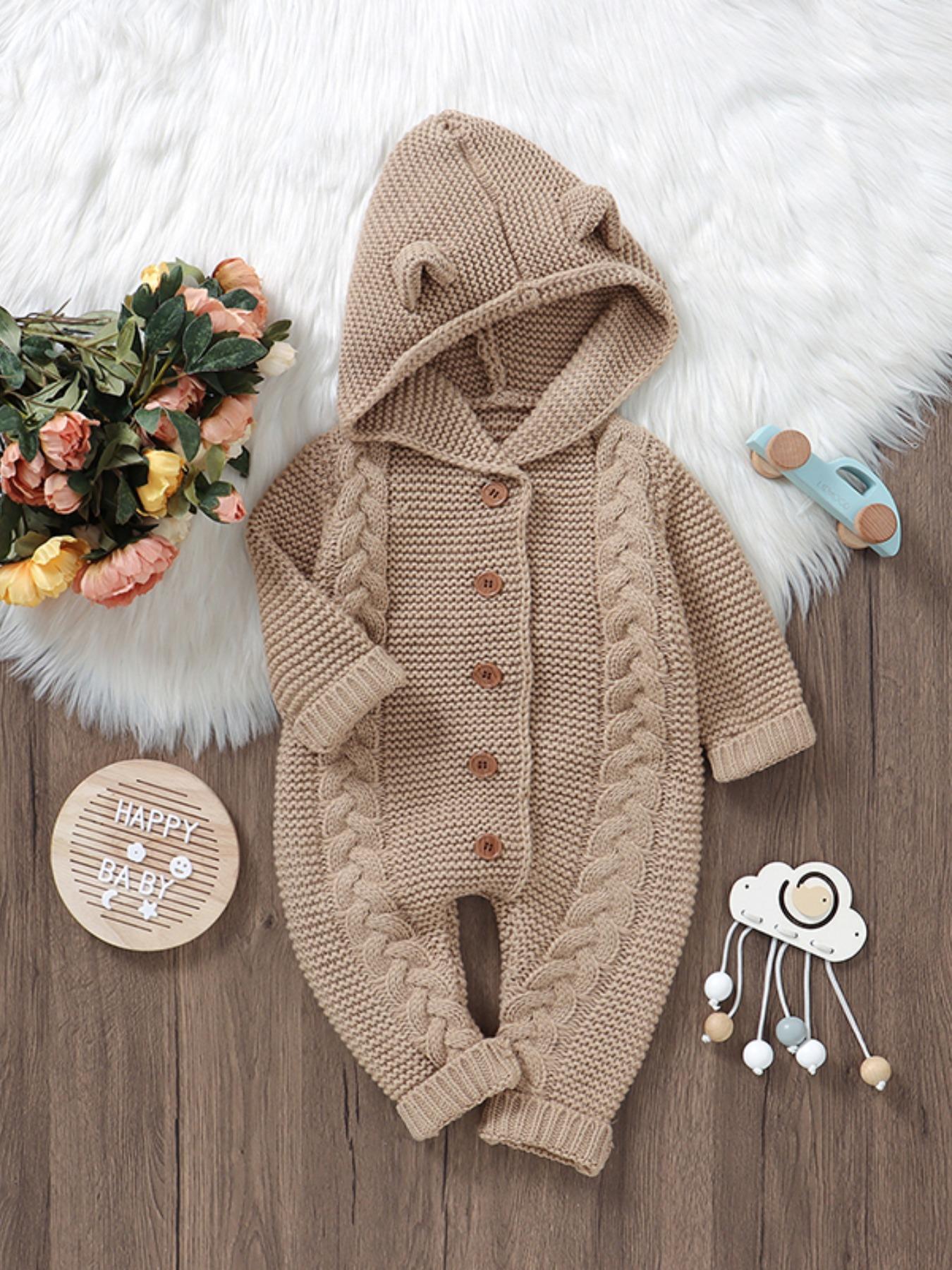 Baby's Solid Cable Knit Button-Front Hooded Sweater Jumpsuit, Cute Casual Long Sleeve Jumper Onesies for Newborn and Infant, Baby Clothing for Daily Wear