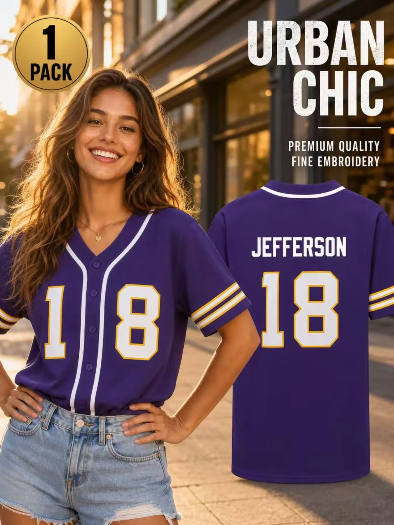 Women's Embroidered Baseball Jersey Purple #18 Short Sleeve V-Neck Button Down Casual Softball Sports Shirt Top
