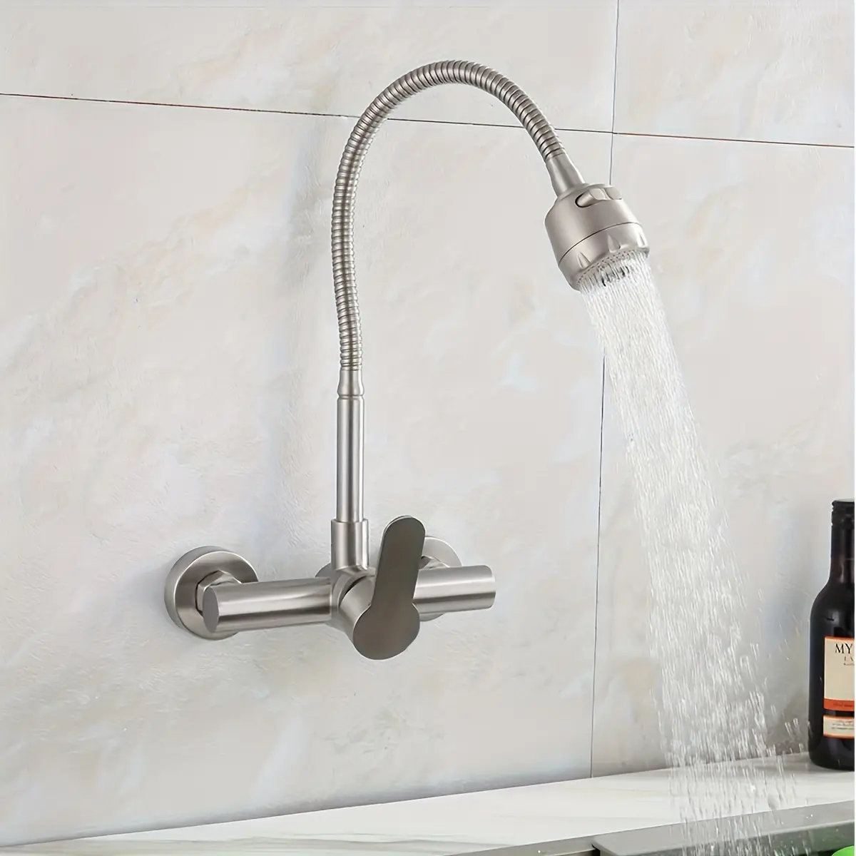 Modern Wall-Mounted Dual Handle Faucet - Hot Cold Water Rotating Spout Design Water-Saving Brushed Finish Contemporary Style Kitchen Faucets Ideal for Kitchen Laundry Sinks Homeowners Renovators