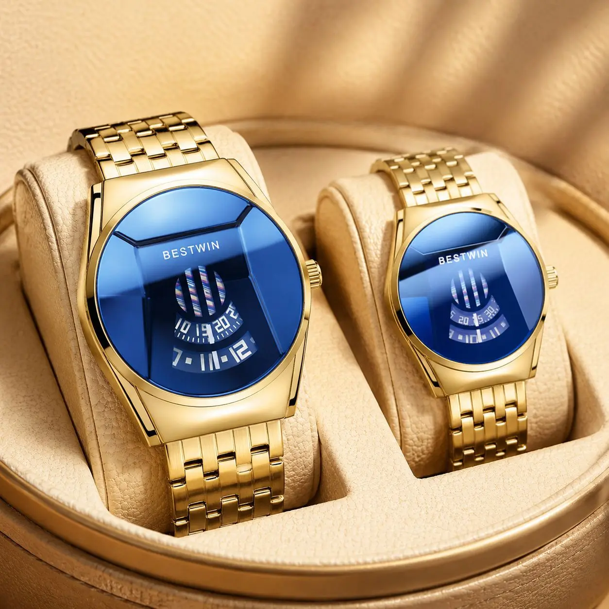 Gold Couple Quartz Watch Set, Unique Jump Hour Blue Mirror Dial Stainless Steel Wrist Watches For Men Women, Luxury Fashion Waterproof Matching Couple Wristwatch, Romantic Valentine Anniversary Gift For Lovers, Cheap Watches That Look Expensive