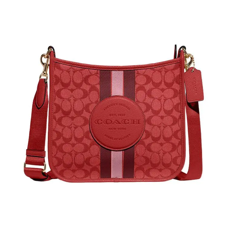 COACH Dempsey 27 Classic Monogram Zip-Top Tote Bag for Women, Striped Design with Jacquard Logo and Pebbled Leather, Large Apple Red