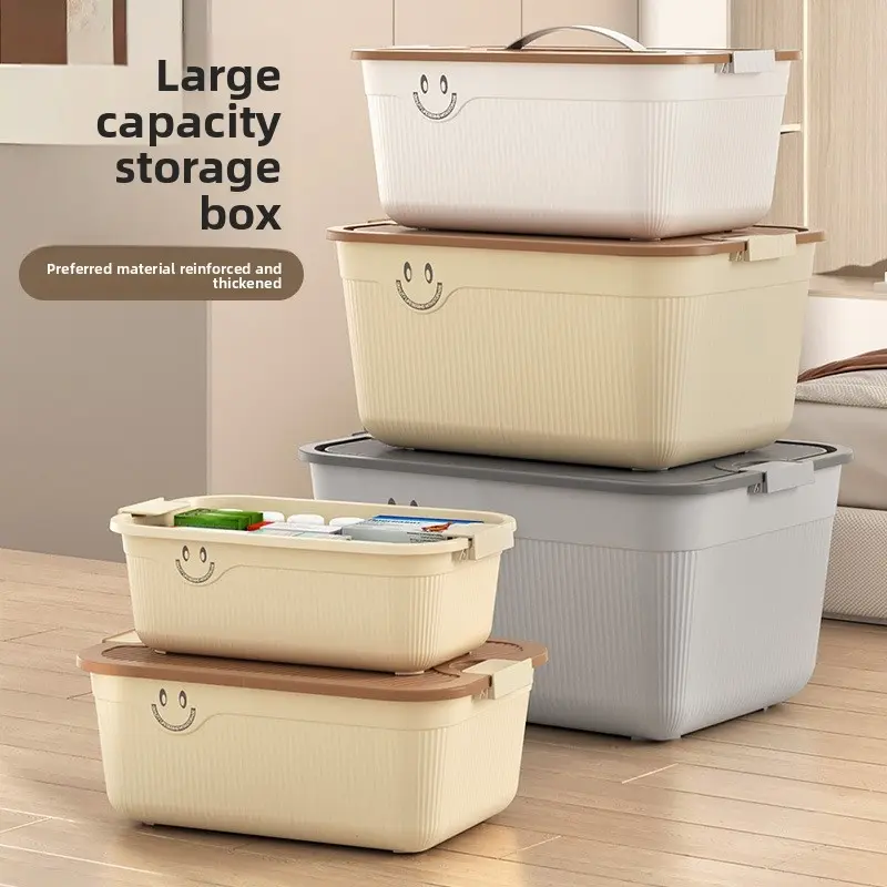 Portable Plastic Storage Box With Lid & Handle, Stackable Household Storage Organizer Bin, Multifunctional Desktop Storage Basket For Clothes Snacks Fruits Sundries Toys Dorm Home Organizing Container