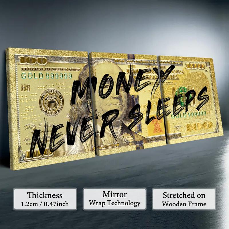 Money Never Sleeps Theme Wooden Framed Canvas Painting, 3 Counts Modern Art Fashion Decoration, Modern Art Design, Wall Art for Home Living Room Bedroom Office, Poster