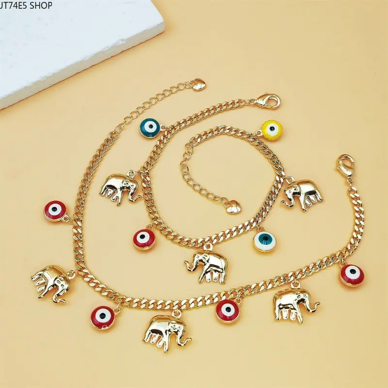 Adjustable Brass 18K Gold Plated Bracelet With Evil Eye & Mini Elephant Charms, Versatile Daily Decor Jewelry