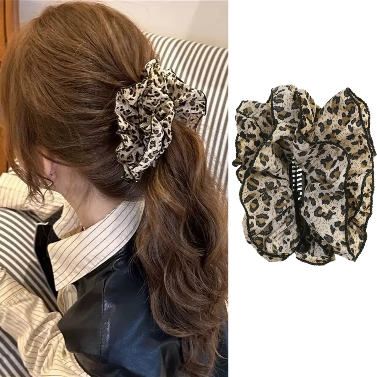 AWAYTR Leopard Print Banana Hair Clips for Women Thin Hair 5.12 Inch Medium Claw Clips Classic Ruched Fabric Banana Clip for Hair Curly Hair Styling Curly Lady Non Slip Ponytail Retro Accessories Women Girls