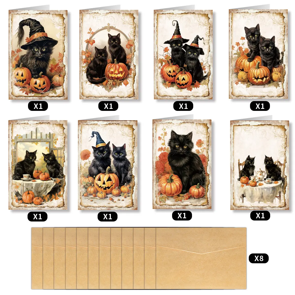 8pcs Halloween Theme Cards with Envelopes - Spooky Pumpkin & Black Cat Designs Happy Halloween Celebration Cards for Family & Friends, Blank Inside Halloween Greeting Cards, Halloween Gifts