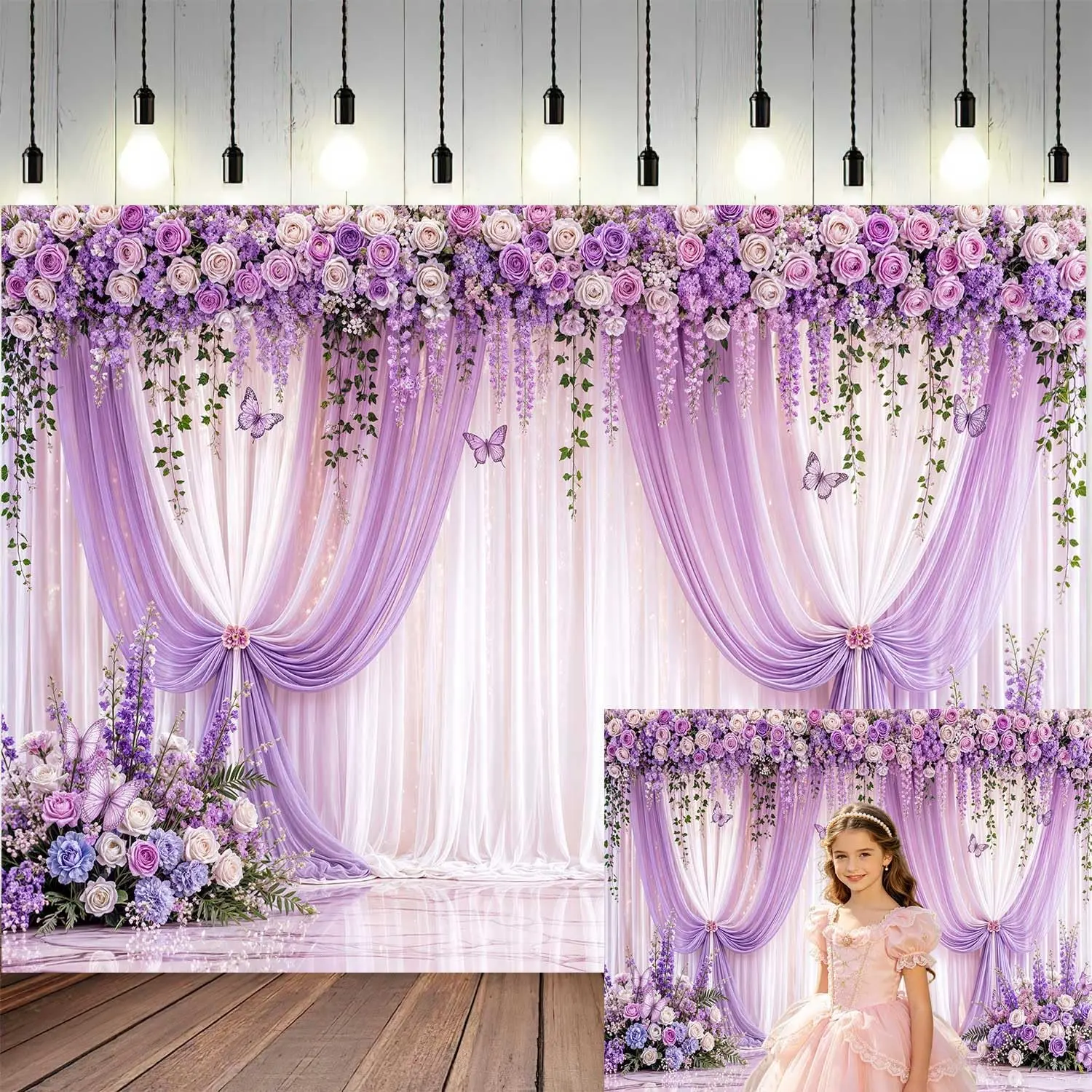 1pc 2D Purple White Floral Curtain Backdrop, Lavender Rose & Butterfly Arch Background, Polyester Elegant Draped Flower Banner for Bridal Shower, Engagement, Birthday Party, Wedding Photography Decor Photo Booth Prop