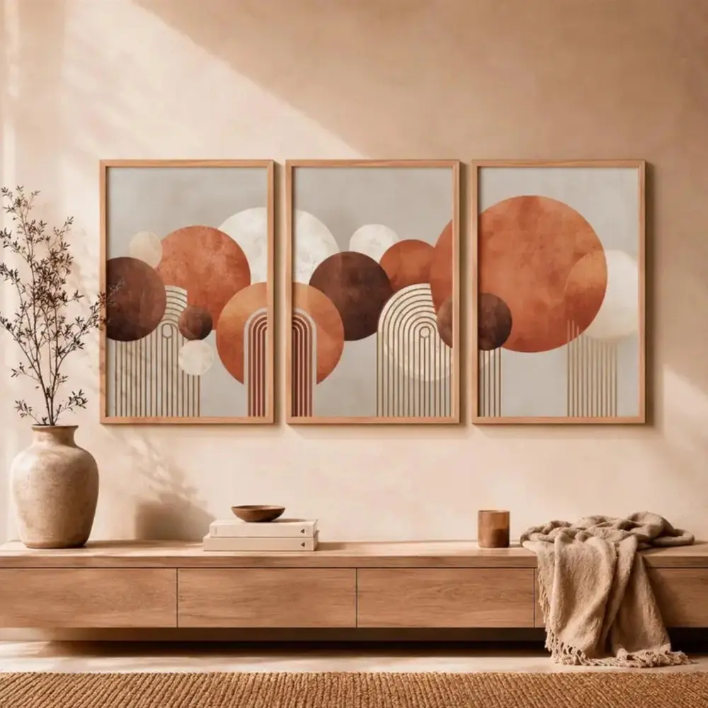 3 Pieces Boho Geometric Neutral Modern Minimalist Terracotta Shapes, Canvas Wall Mural, Simple Artistic Artist Home Art, Eclectic Gallery Decor, Earth Tone Painting, Wall Decor for Living Room and Bedroom, Framed or Unframed.