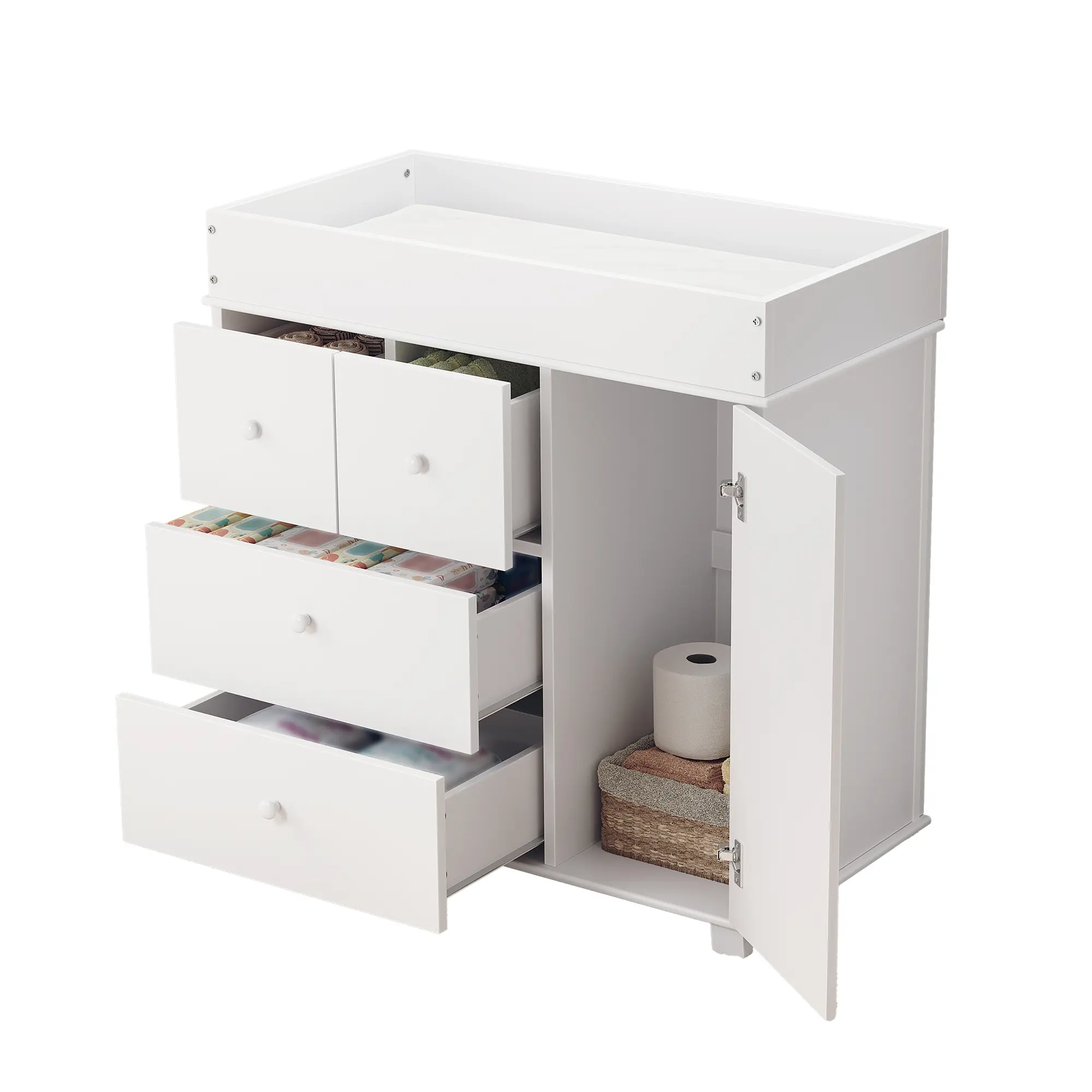 Baby Changing Table Dresser, Diaper Changing Station with 3 Drawers and a Cabinet, Modern Wood Dresser for Nursery, Kids Room, Children's Room, Bedroom, White
