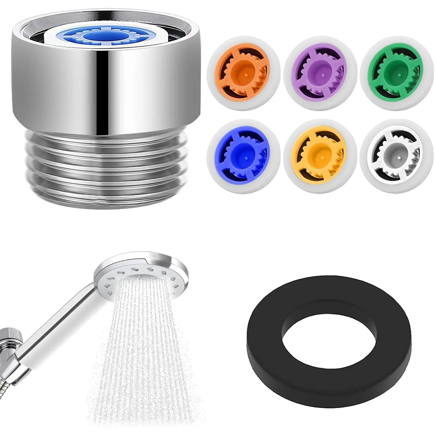 7 Water Restrictor for Shower , Shower Flow Pressre Reducer Limiter Set Water Flow Saver Adapter Shower  Flow Restrictor for Fixed and Handheld Shower Head1.2/1.5/1.8/2/ 2.2/2.5 GPM