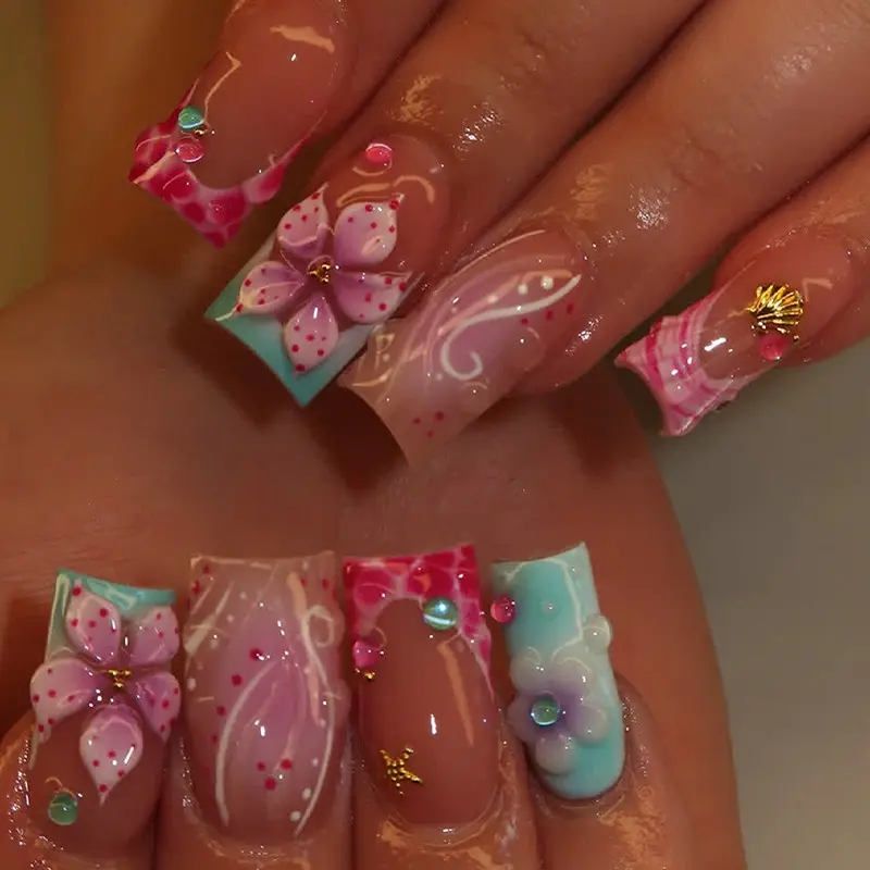 24pcs Blue Flower Press-On Nails, Square Medium Length, Ocean Style 3D Starfish Bubble Shell Design, Reusable Artistic Nail Art Designs Set