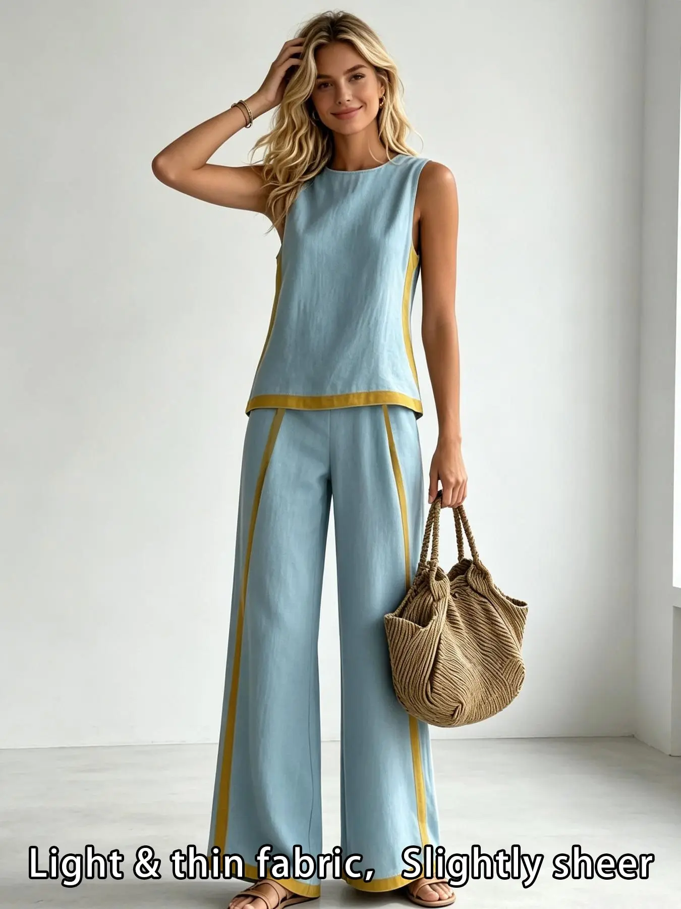 A two-piece women's resort-style pure color set, including a sleeveless top and a draped, loose-fitting wide-leg pants, perfect for summer, afternoon tea, girlfriends' gatherings, summer beach vacations, Clothes