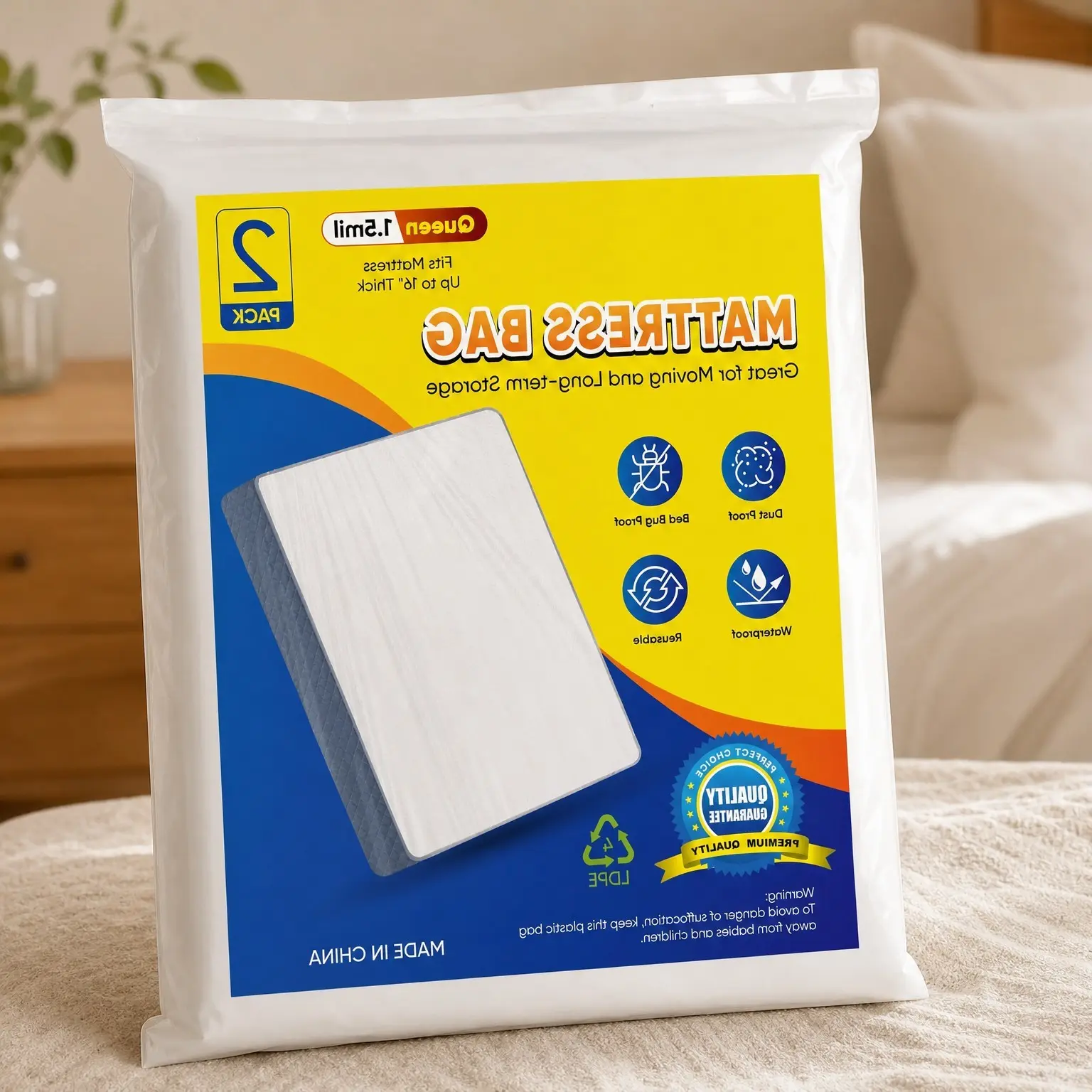 2PK Plastic Mattress Bag for Moving & Storage, Waterproof Heavy-Duty Mattress Protector Cover, 3D Gusset Design, Tear Resistant & Dust Protection, Reusable – Queen, 1.5 milGift