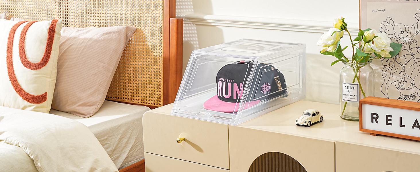 2 Pack Stackable Hat Organizer for Baseball Caps, Large Clear Hat Holder with Sliding Drawer, Hat Storage Box with Door, Baseball Cap Organizer