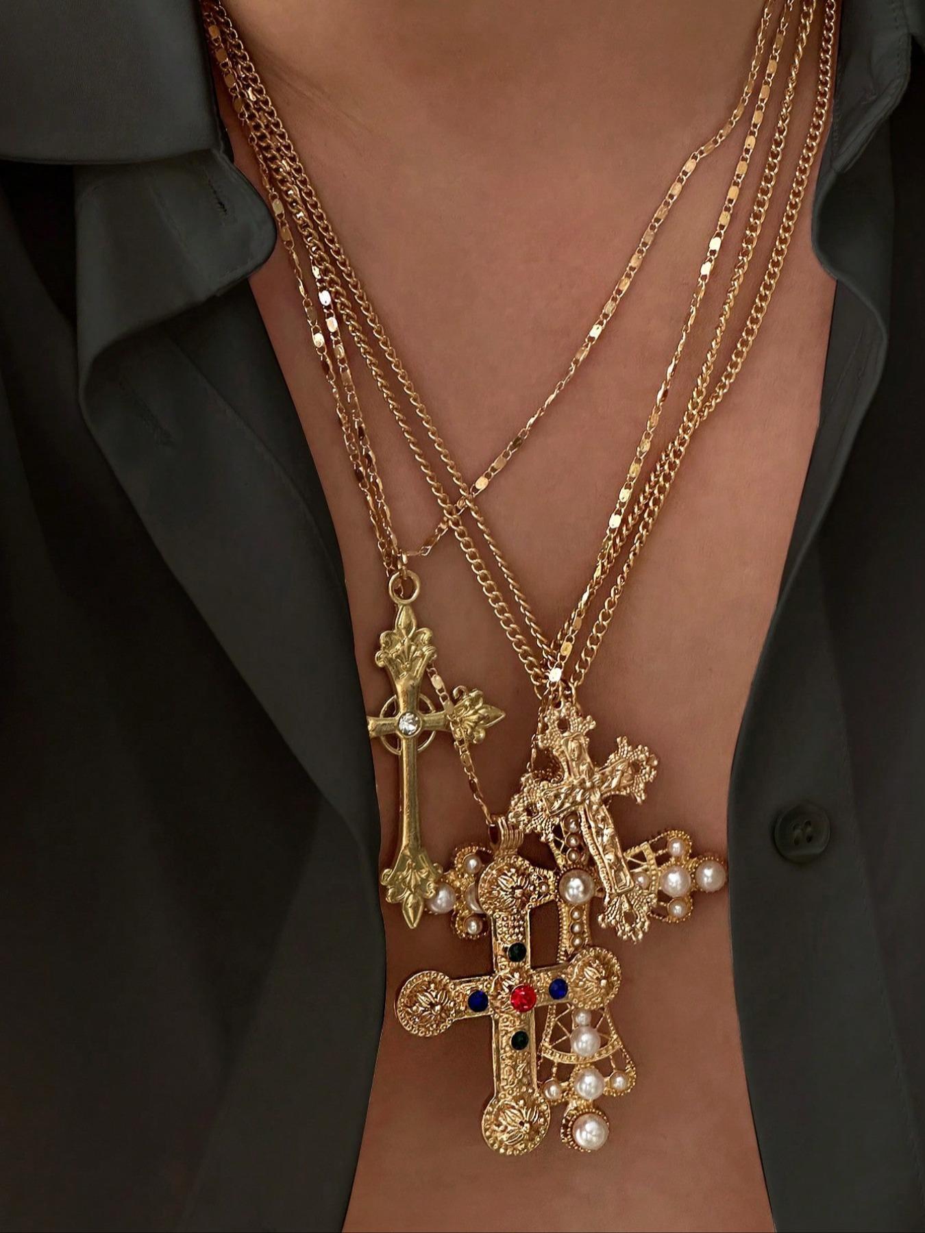 Vintage Punk Cross Pendant Necklace, Cross Chain Design, Fashion Jewelry for Party, Daily Clothing Decor, Trendy All-match & Exquisite Jewelry for Birthday Gift