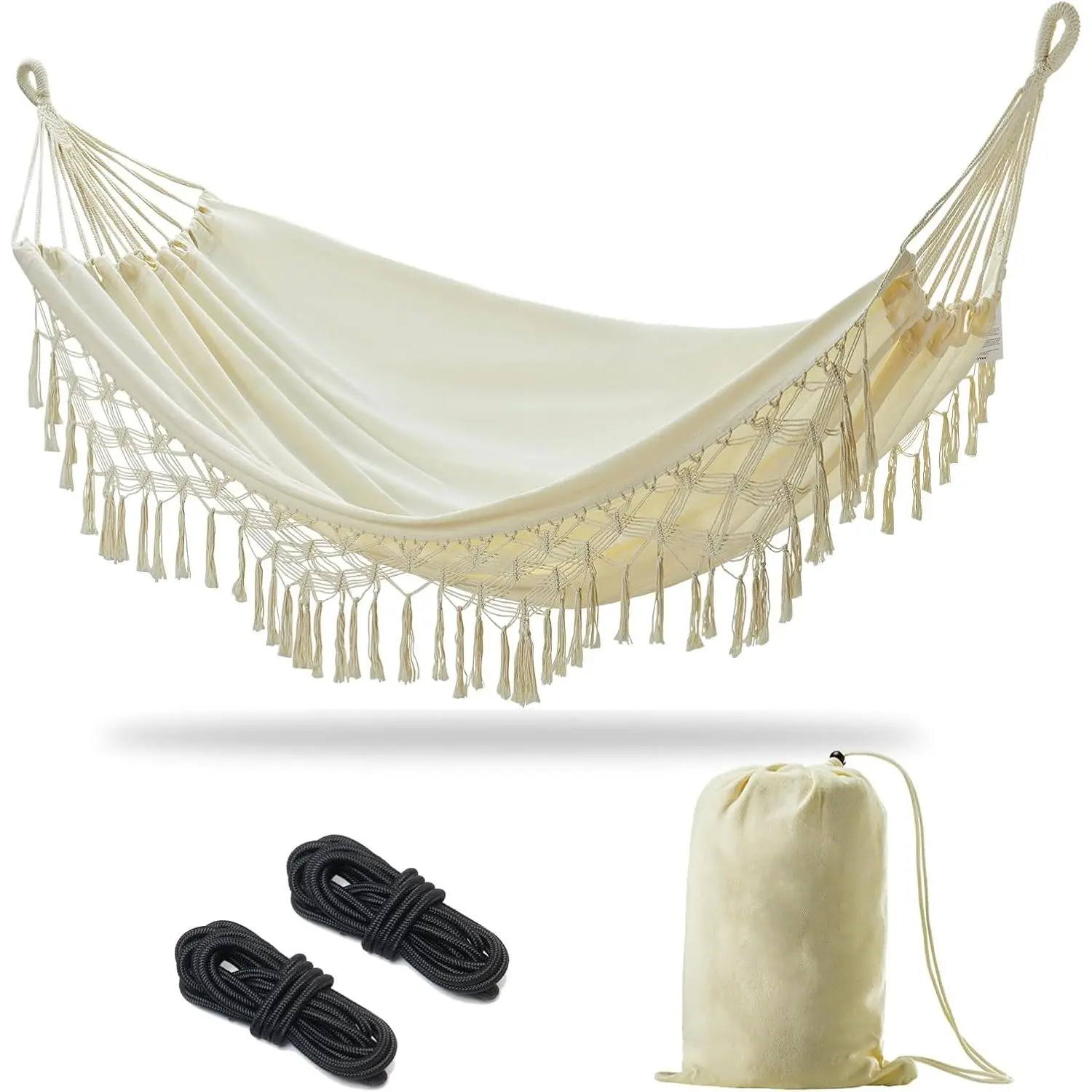 Boho Macrame Double Hammock with Hanging Ropes & Elegant Tassels 86.6x59 Portable Cotton Hammock for Patio Backyard Porch 450LBS Weight Capacity Perfect for Outdoor/Indoor - Beige Color