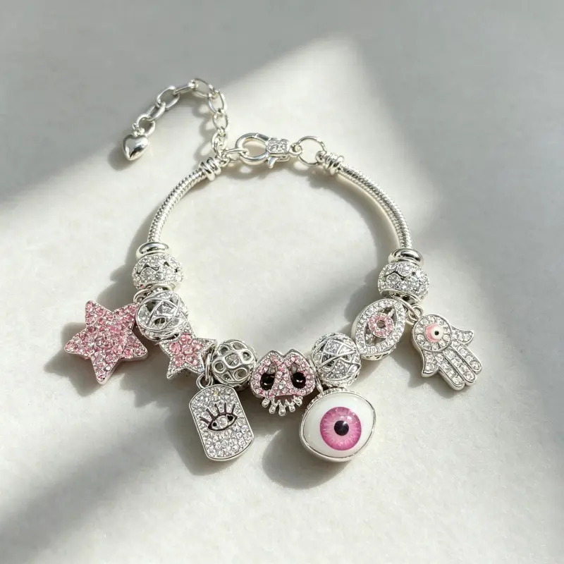DIY Adjustable Charm Bracelet Pink Evil Eye Star Skull Hamsa Hand Pendant Sparkling Accent Sweet Cool Y2K Aesthetic Protective Amulet Everyday Statement Wear Personalized Styling Fashion Accessory Trending Unique Jewelry Piece