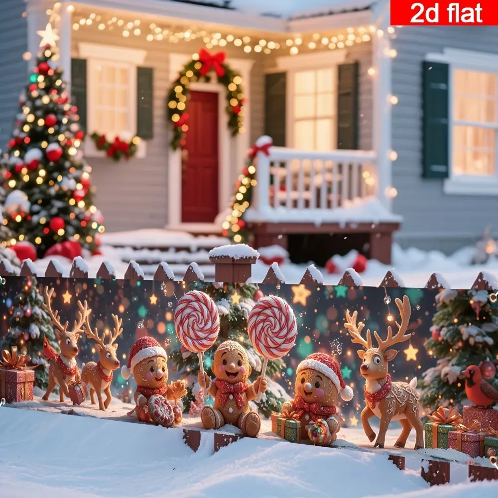 2D Flat Banner 1pc, Merry Christmas Yard Sign, Festive Gingerbread Reindeer Decoration, Outdoor Garden Fence Balcony Party Supplies