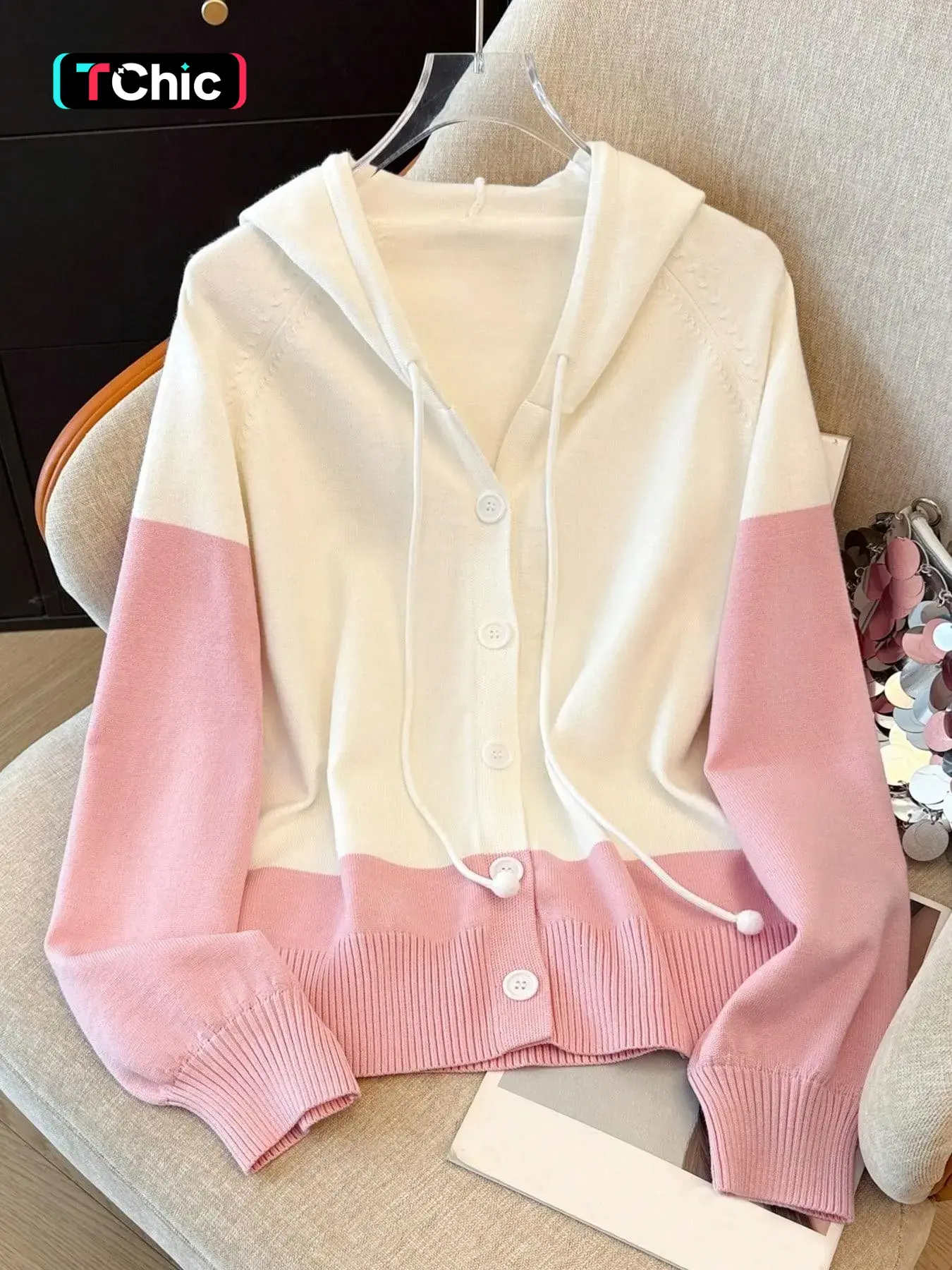 Autumn Winter Sweet Hooded Button Front Sweater Coat, Womenswear Fashion Casual Loose Fit Knitwear Long Sleeve Outerwear, Stylish Relaxed Pullover Jacket, Style