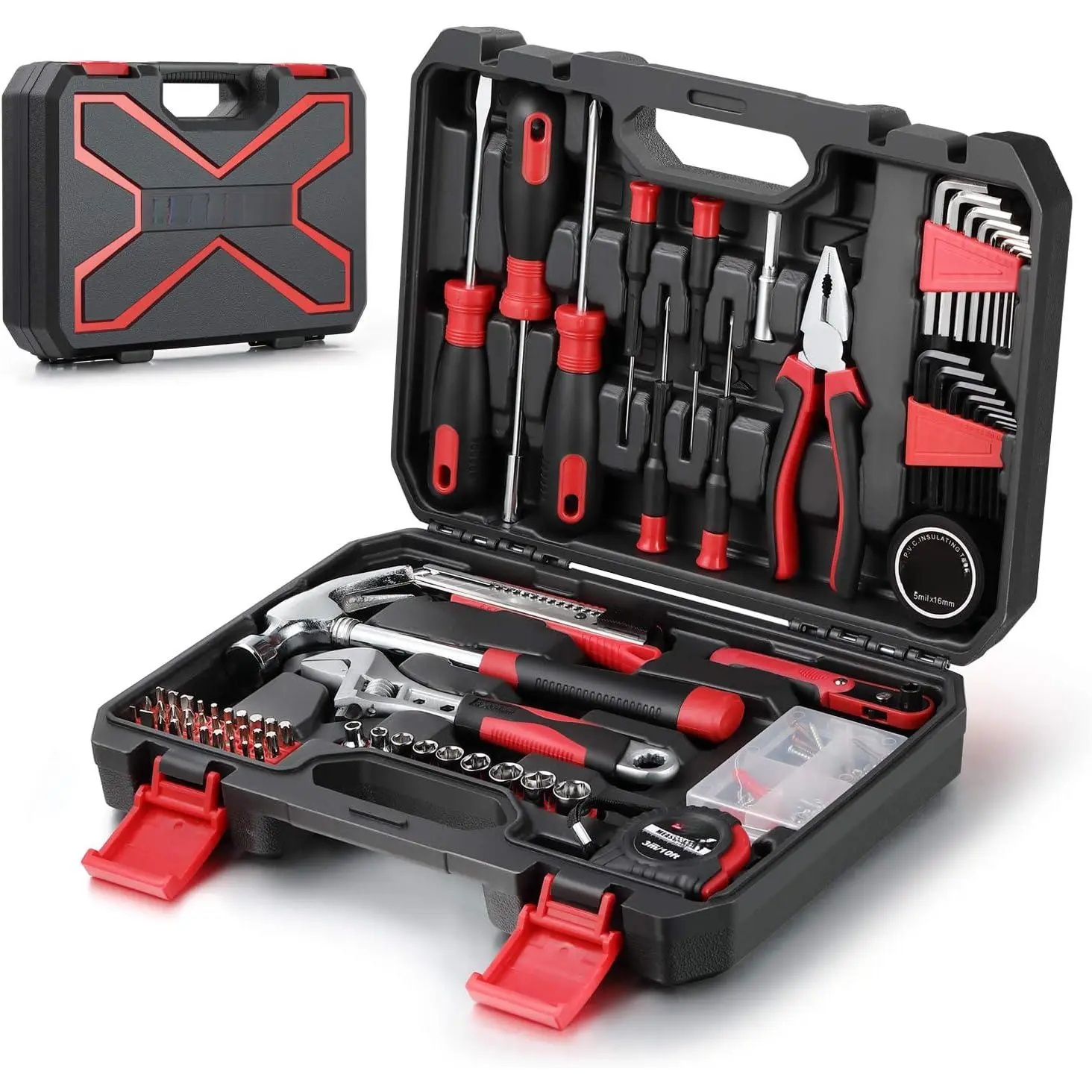 128-Piece Home Repair Tool Set, Tool Sets for Homeowners, General Household Hand Tool Set with Storage Toolbox, EVHT12801, Black + Red (ASK01)