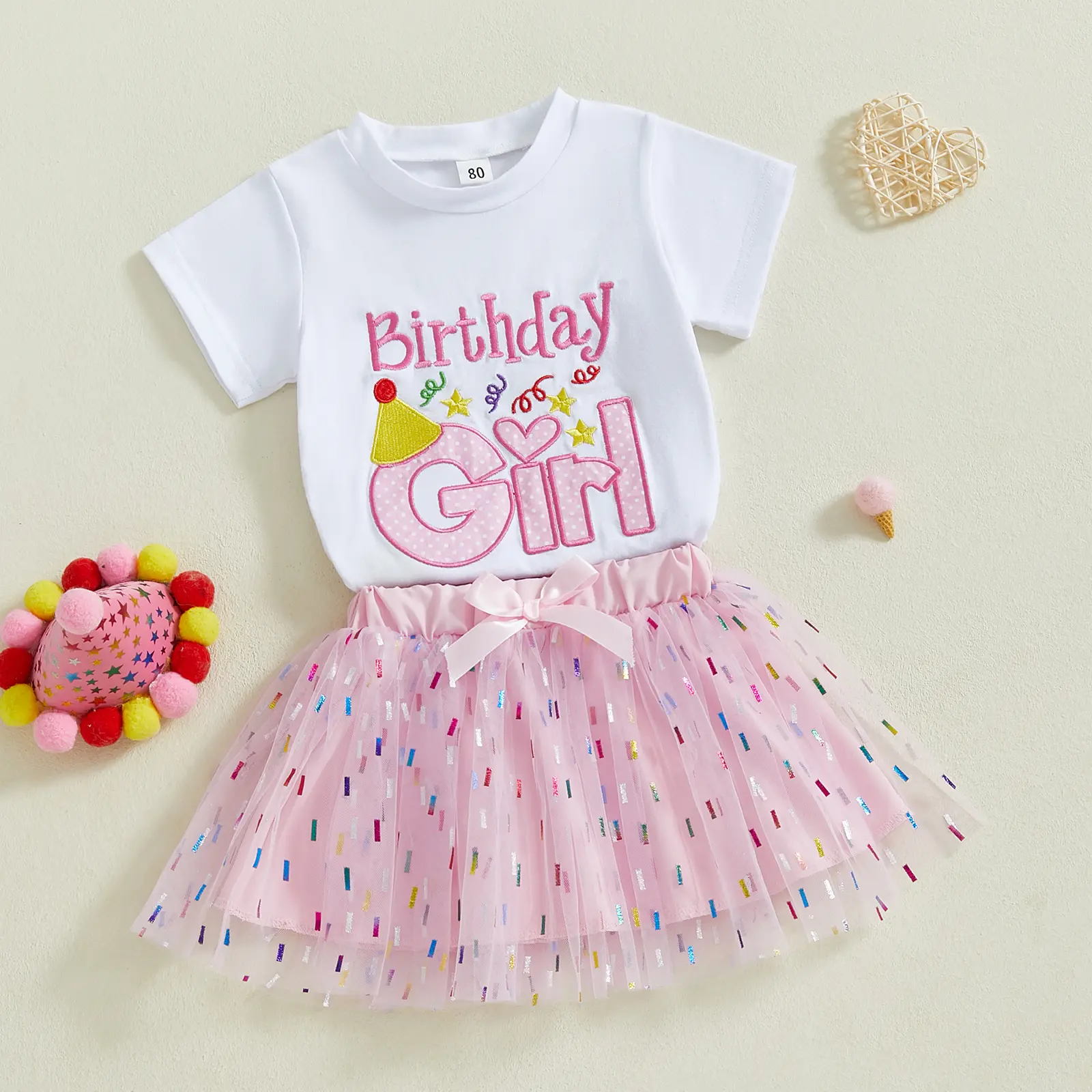 Canrulo Toddler Baby Girls Birthday Girl Embroidery Short Sleeve T Shirt Colorful Stripe Tulle Tutu Skirt 2Pcs Birthday Outfit 6M-5T