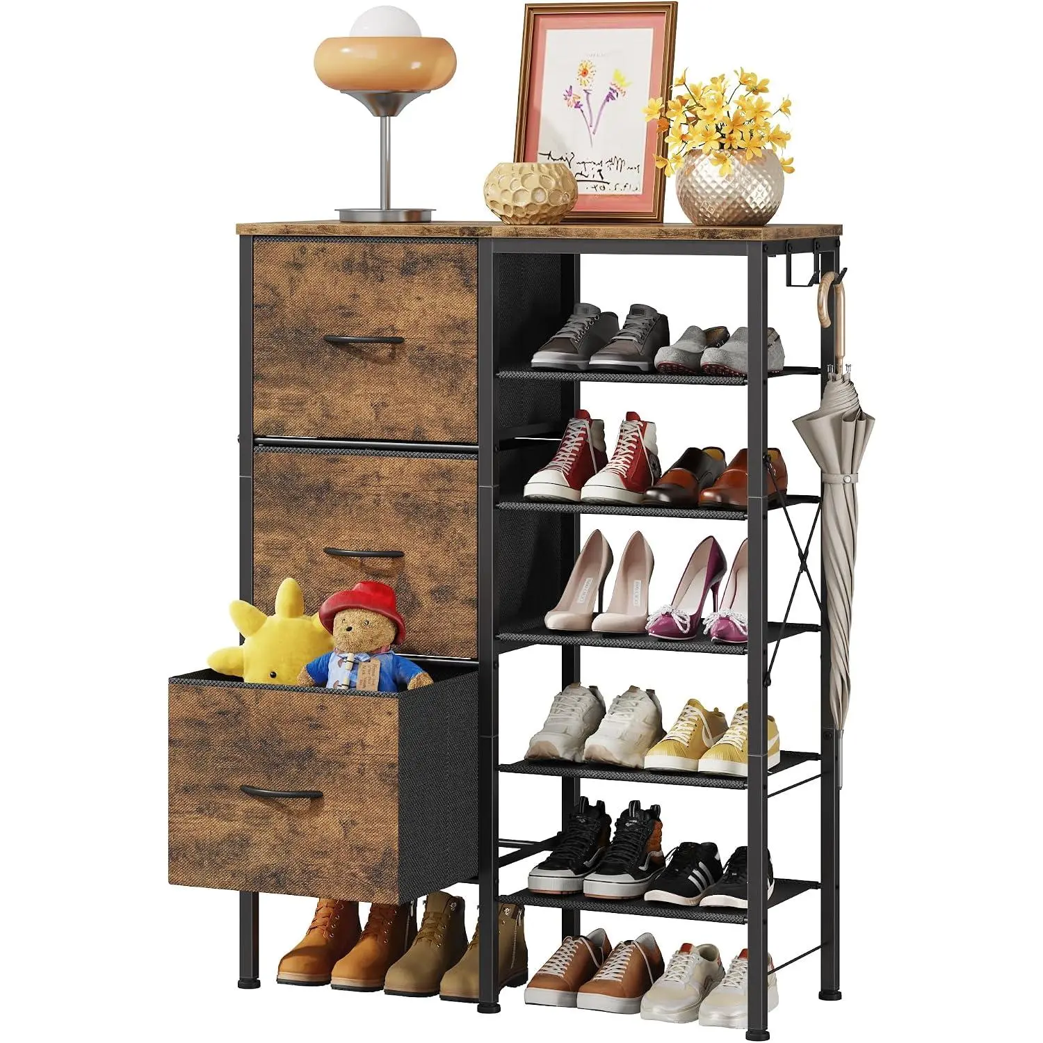 Shoe Rack Organizer with 3 Fabric Drawers, 6 Tier Shoe Cabinet Storage, Multi-Use Metal Shelf for Entryway,Closet,Living Room