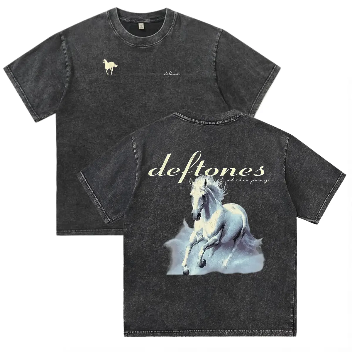 Men's Retro Deftones Pony Logo T-Shirt-A washed, loose-fit, thick cotton short-sleeve T-shirt with a simple yet fun design; unisex alternative metal/grunge round-neck T-shirt, perfect for the gym