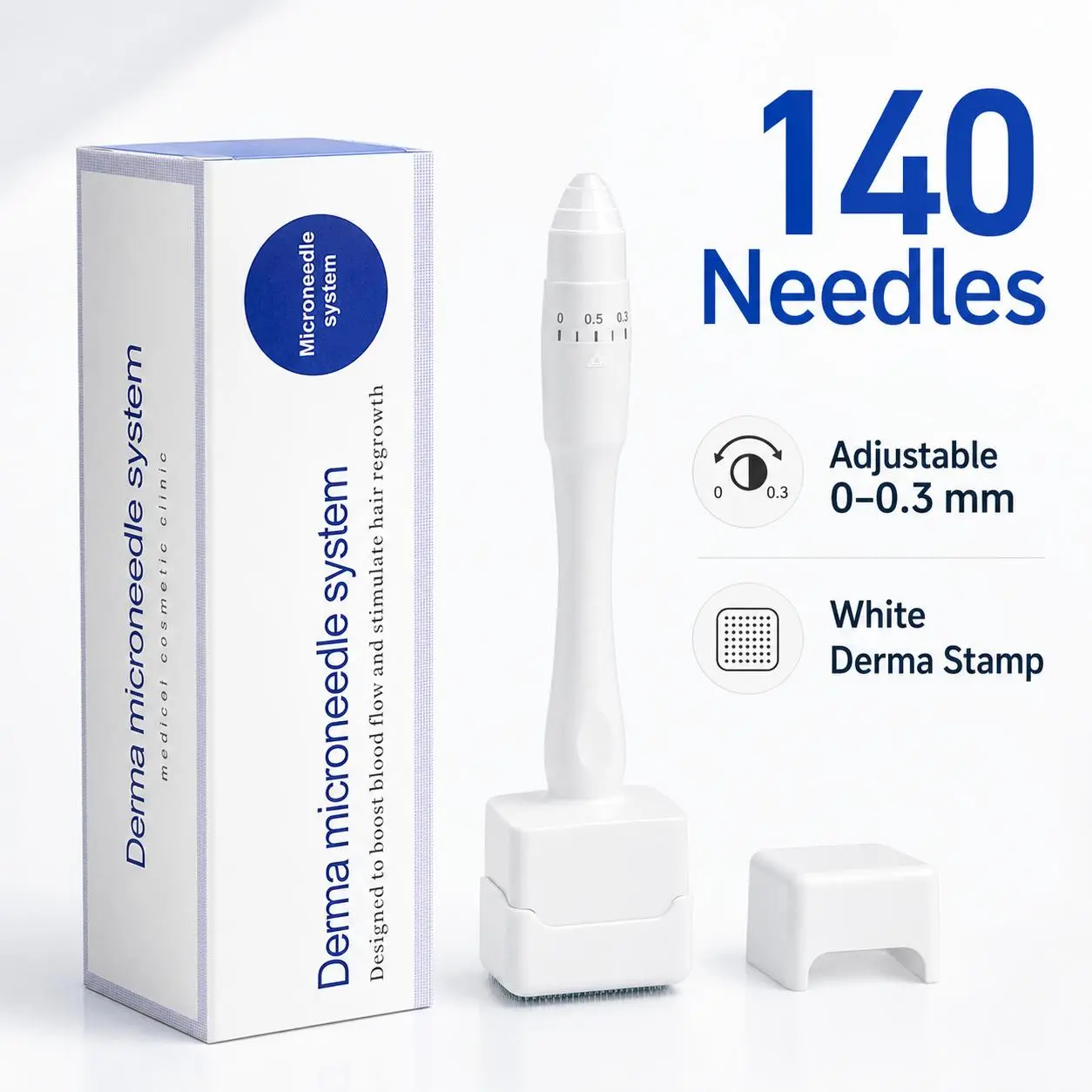 Adjustable Derma Stamp for Face, Up to 0.3mm, Beginner-Friendly Skincare Stamping Tool with Ergonomic Handle, Portable Facial Care Tool for Home & Travel, White