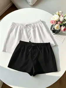 2-piece set of ultra soft casual shorts | white and black casual high waisted shorts, elastic drawstring waist circumference, lightweight breathable fabric, suitable for sleep and daily wear, TikTok virus comfort set # OOTD
