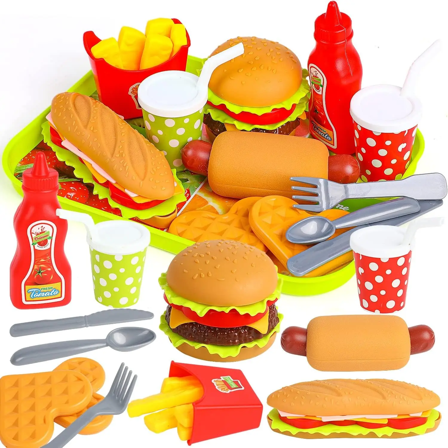 Pretend Play Food Set, Hamburger Fries Pizza Popcorn Toys Role Play Take Apart Educational Gift for Kids Boys Girls