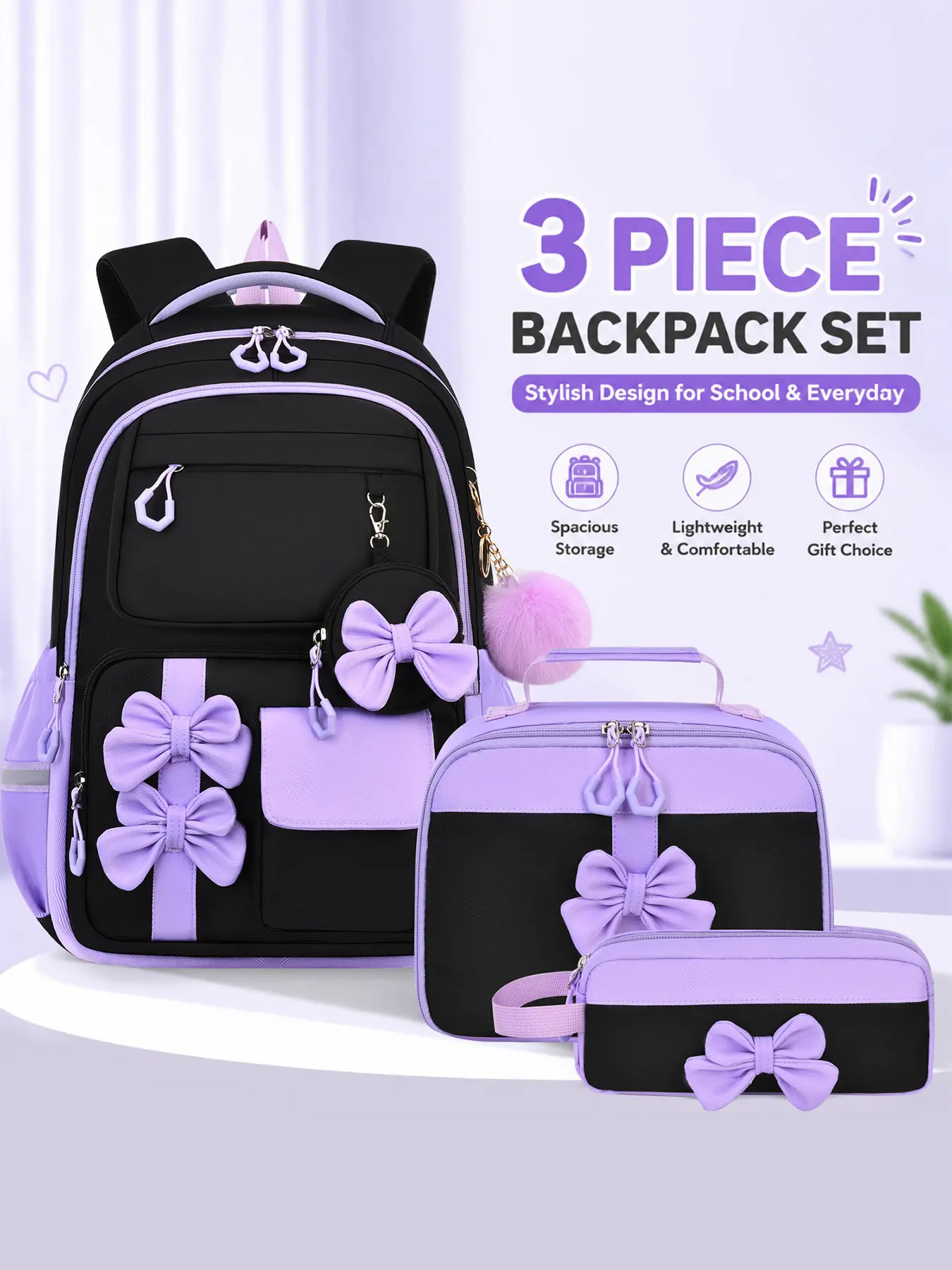 3Pcs Black Lavender Color Block Backpack Set Sweet Bow Decor Matching Handheld Lunch Bag Slim Stationery Pouch Mesh Padded Shoulder Straps Multi-layer Storage Pockets for Campus Study Weekend Trips Daily Casual Outings