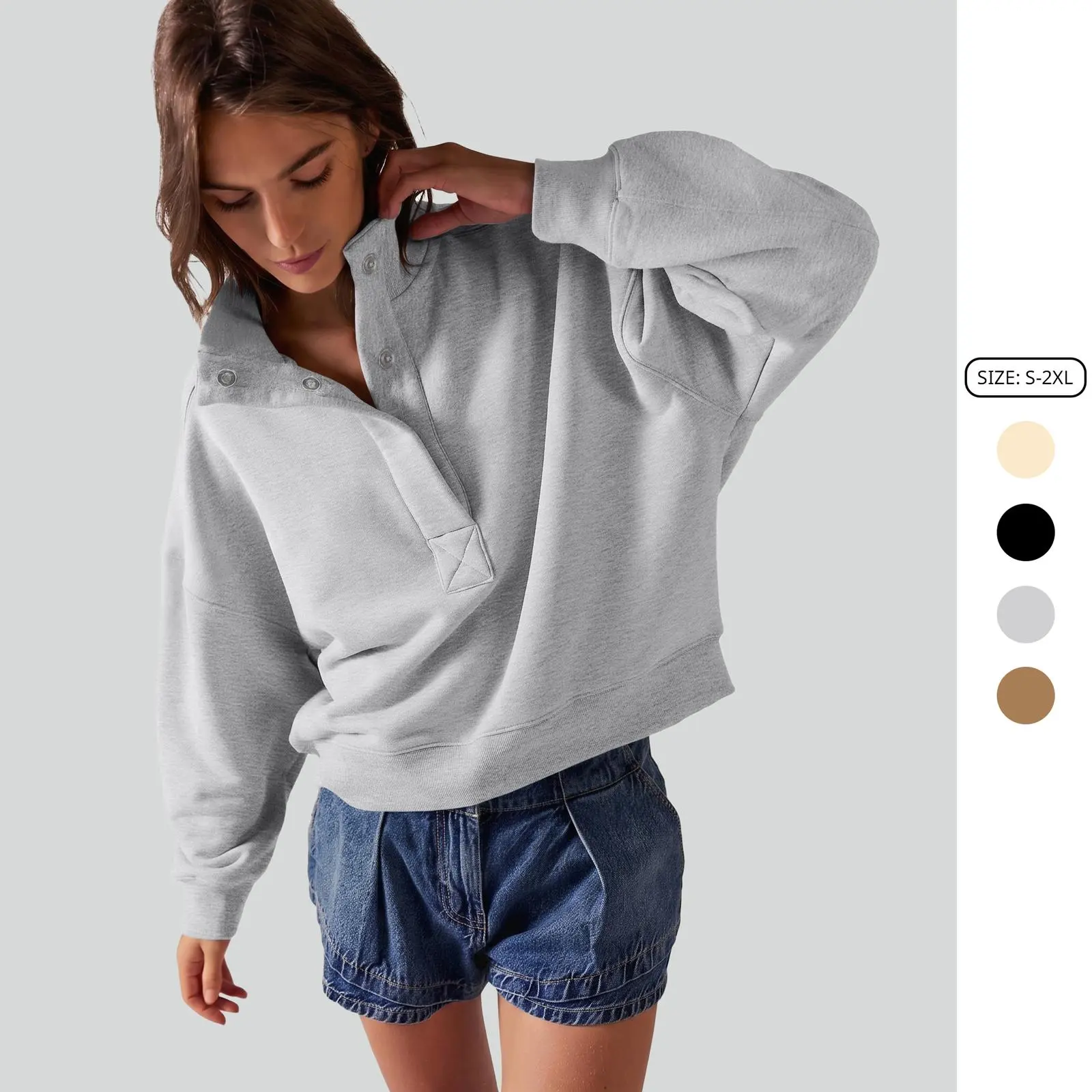 Imily Bela Half Snap Button Stand Collar Cropped Sweatshirt Women Oversized Long Sleeve Casual Pullover