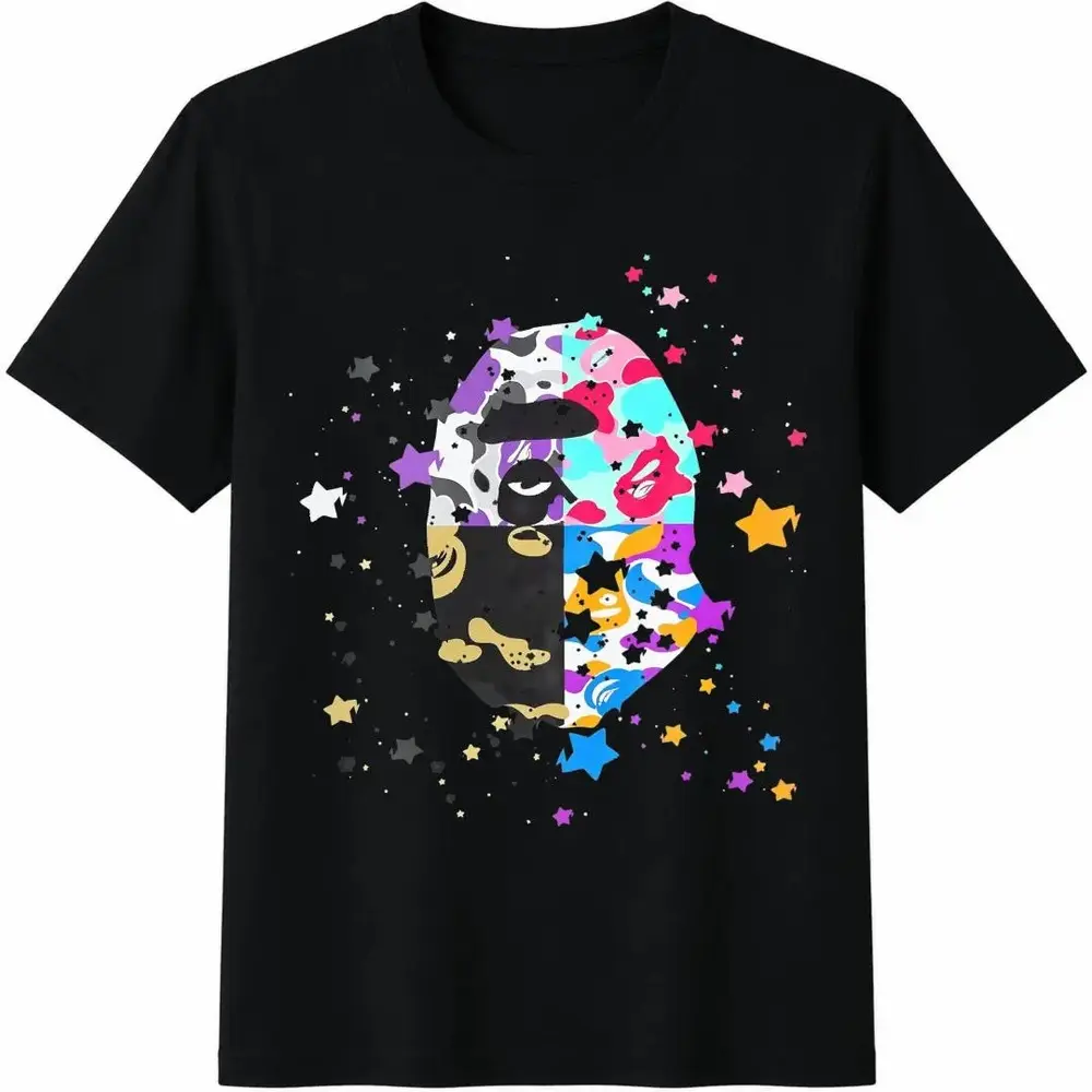 Us College Sta Tee, Men's Multicolor Camo Ape Head Star Print Oversized Cotton T-Shirt,Graphic Tee,Father Day Gift,Funny T Shirt,,,Sum Casual Breathable