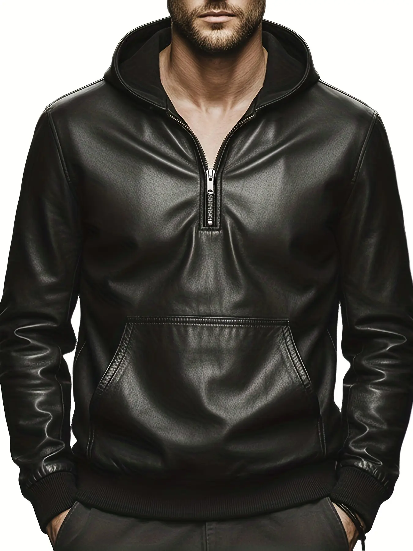 Men's Fall Winter American Street Style Faux Leather Hooded Sweatshirt, Half-Zip Loose Fit Casual Jacket, Versatile Outerwear
