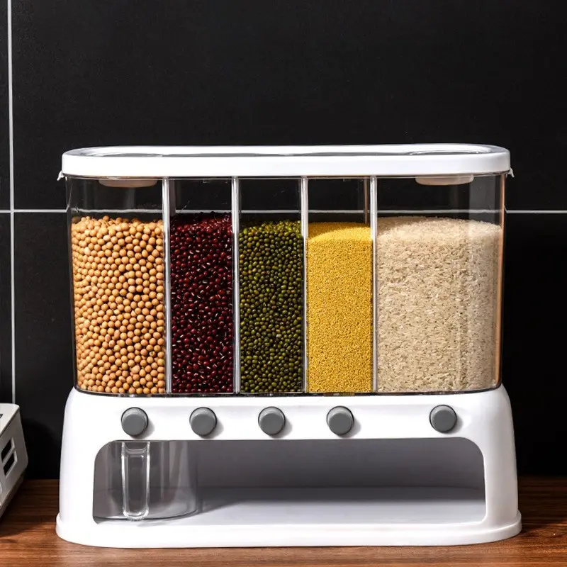 1Set  Heavy Duty 5 Layer Food Storage Dispenser with Measuring Cup Single Trigger Grain Rice Pasta Dispenser Transparent Panel for Kitchen Pantry Organization