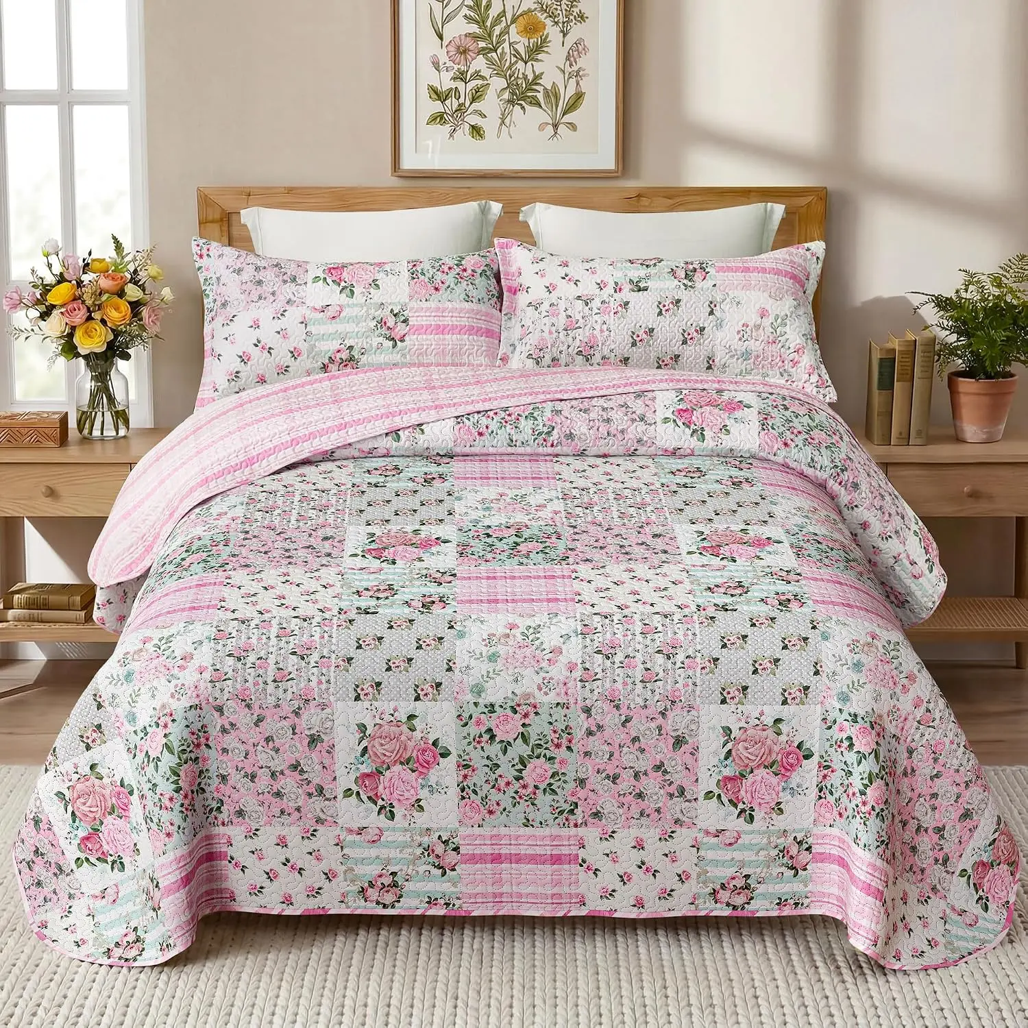 Pink Patchwork King Floral King Size 3 Pieces Bedding Set Reversible Soft Lightweight Bedspread Coverlet for All Season, 106"x96" (1, 2 Pillow Shams)