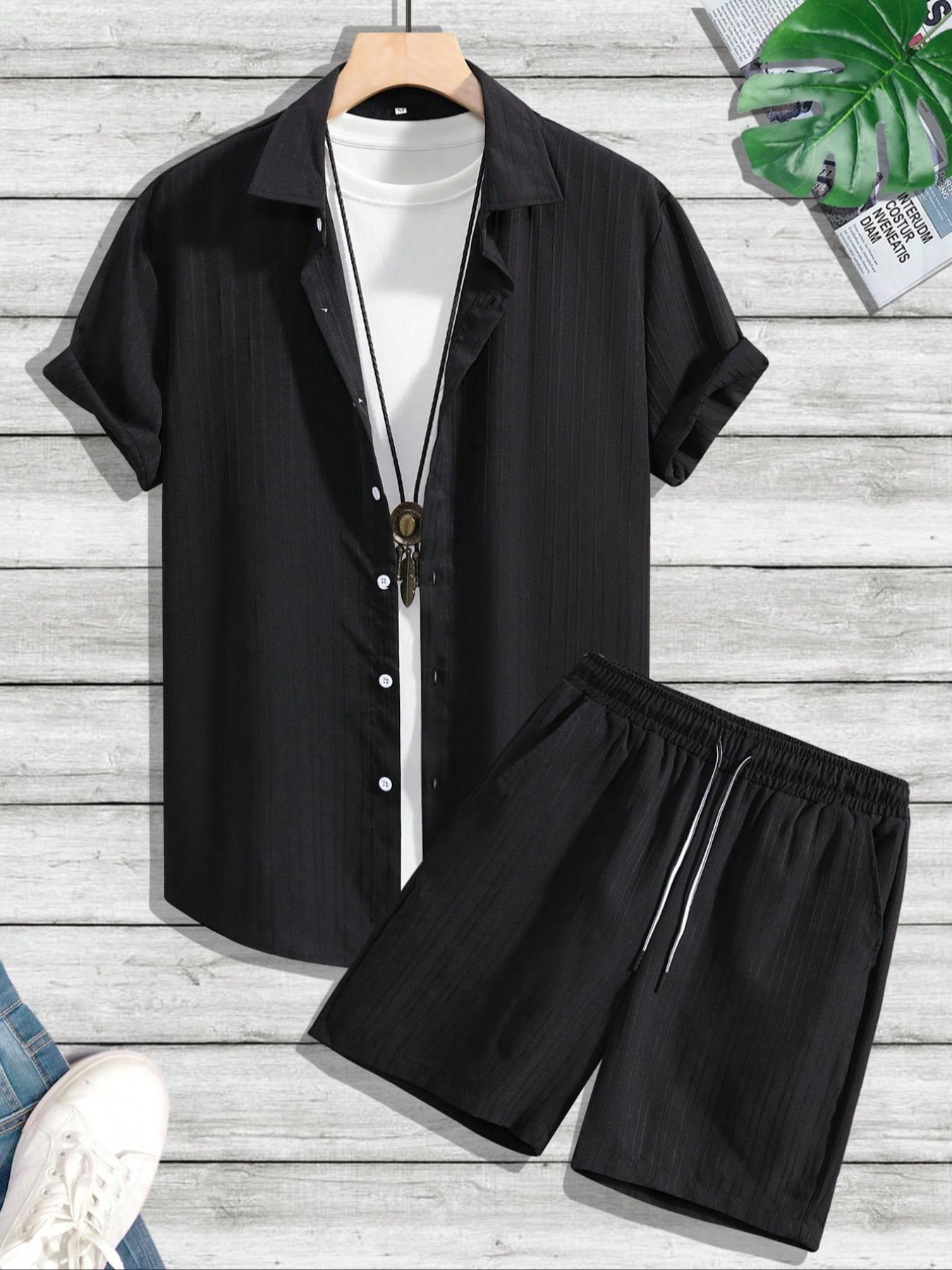 Two-Piece Set Men's Regular Fit Solid Textured Breathable Short Sleeve Shirt & Shorts, Casual Summer Set for Men, Mens Clothes for Beach Vacation