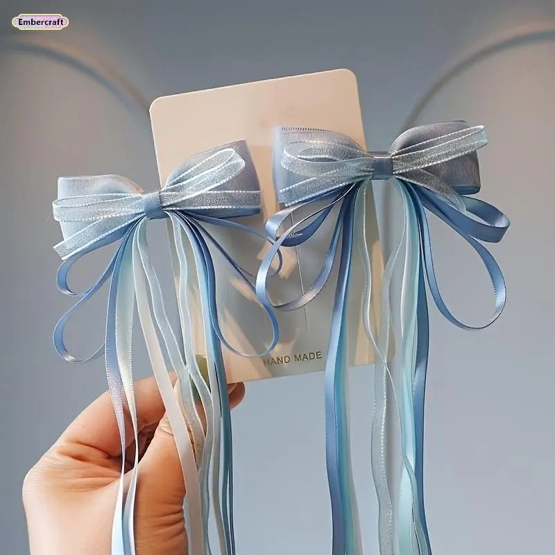 Women's Blue or Pink Bow-Knot Hair Clips - Woven Ribbon Tassel Retro Barrettes, Plain Vintage Elegant Hair Accessories for Daily Wear, Birthday Party Fashion Item, Blue Or Pink Hair Clip