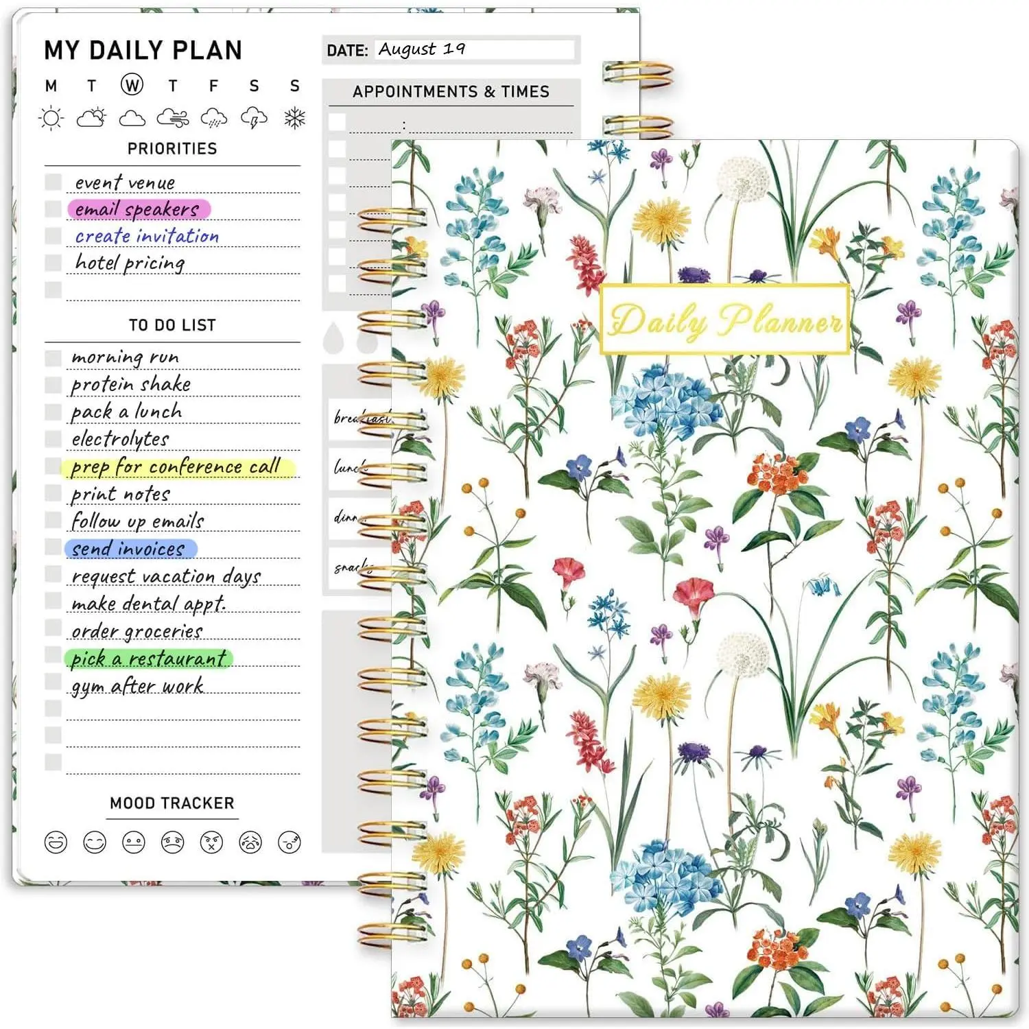Daily Planner Undated - 6.5"x8.5"  Notebook Spiral Appointment Planner to Organize Tasks & Boost Productivity,  Office & School Supplies for Women & Men, Wildfloral
