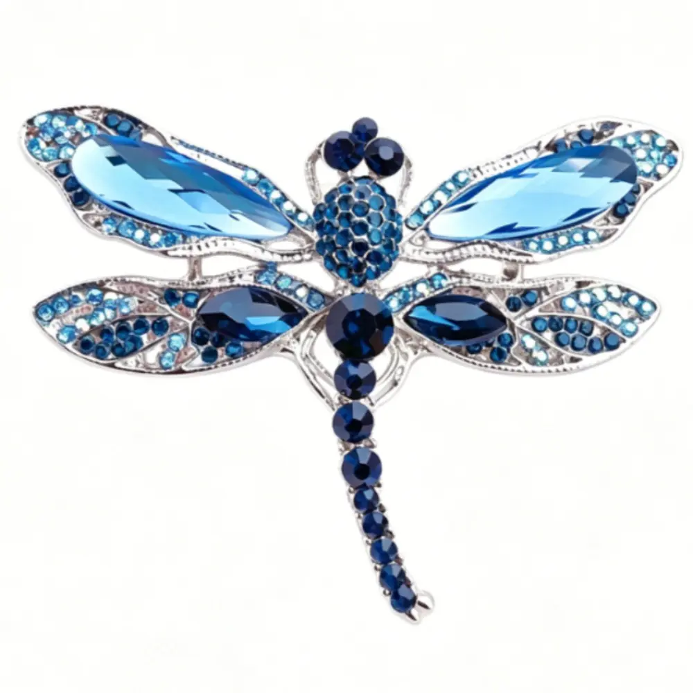 Gradient Blue Crystal Dragonfly Brooch Silver Hollow Rhinestone Insect Lapel Pin Suit Coat Elegant Jewelry Gift