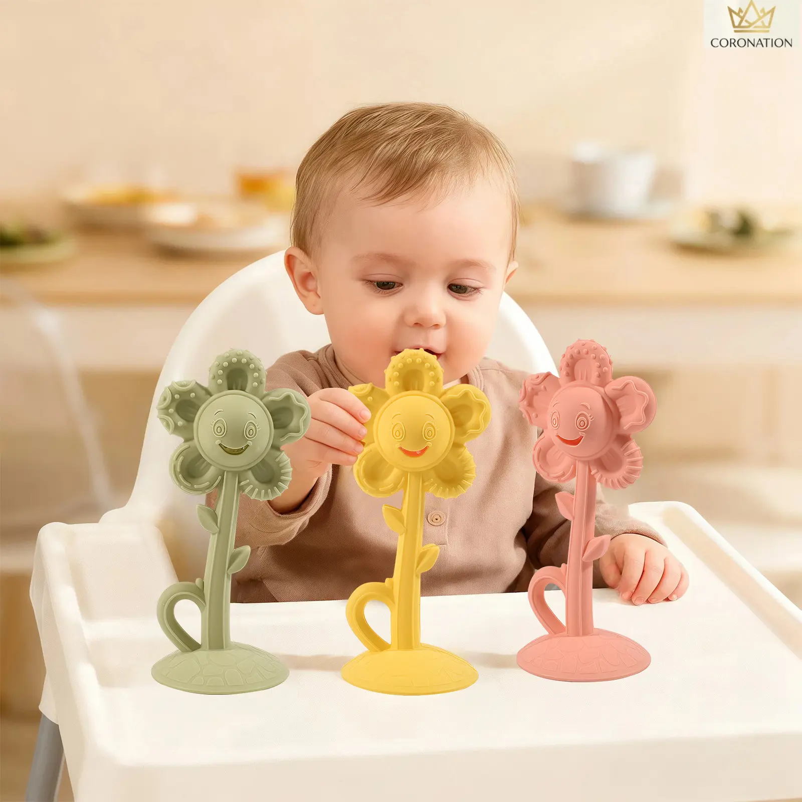 Baby Silicone Flower Rattle Teether, Sensory Chew Toy for Infants, Soft Food-Grade Silicone, Easy-Grip Teething Toy for Soothing Sore Gums, Baby Shower Gift for Teething, Chewing & Tummy Time