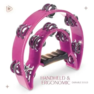 Pink Half Moon Tambourine Double Row Metal Jingles Handheld Percussion Drum with Ergonomic Grip for KTV Party Music Instrument