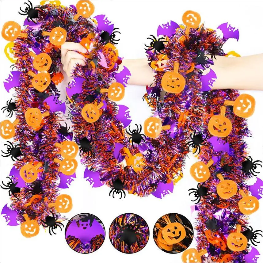 Halloween Tinsel Garland 4 Pack 26 Feet Metallic Black Orange Purple Streamers with Pumpkin Bat Spider Decor for Mantel Fireplace Door Window Party Indoor Outdoor Festive Decoration