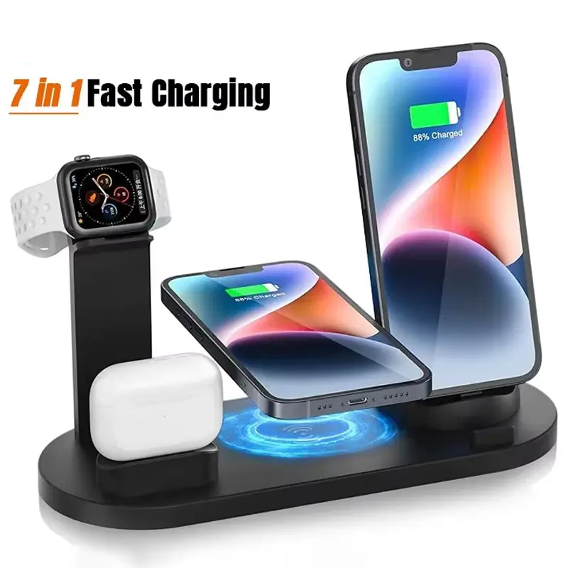 7 In 1 Wireless Charger Stand For iPhone 1-12 Apple Watch 9/8/7/6 Airpods Pro2/1 Phone Chargers Fast Charging Dock Station