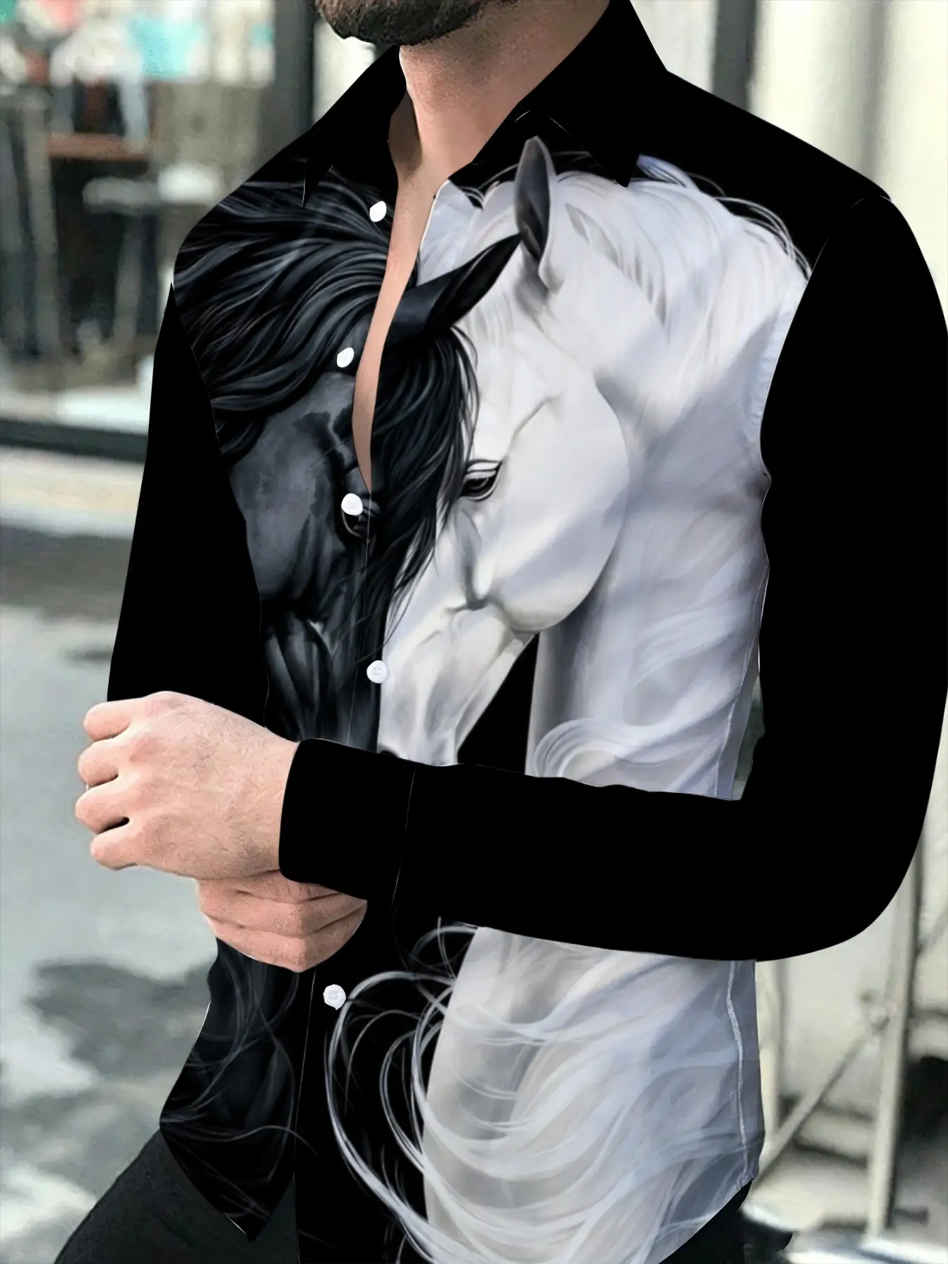 Men's Long Sleeve Shirt Fashion Black and White Horse Pattern Print Lapel Casual Versatile Slim Fit Men's Shirt Autumn New Trendy Animal Print Top Casual Style Graphic Suitable for leisure and sports scenarios